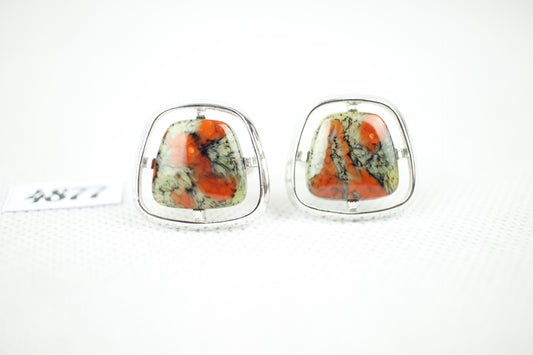 Vintage Hickok Marbled Stone Silver Metal Mount Cuff Links