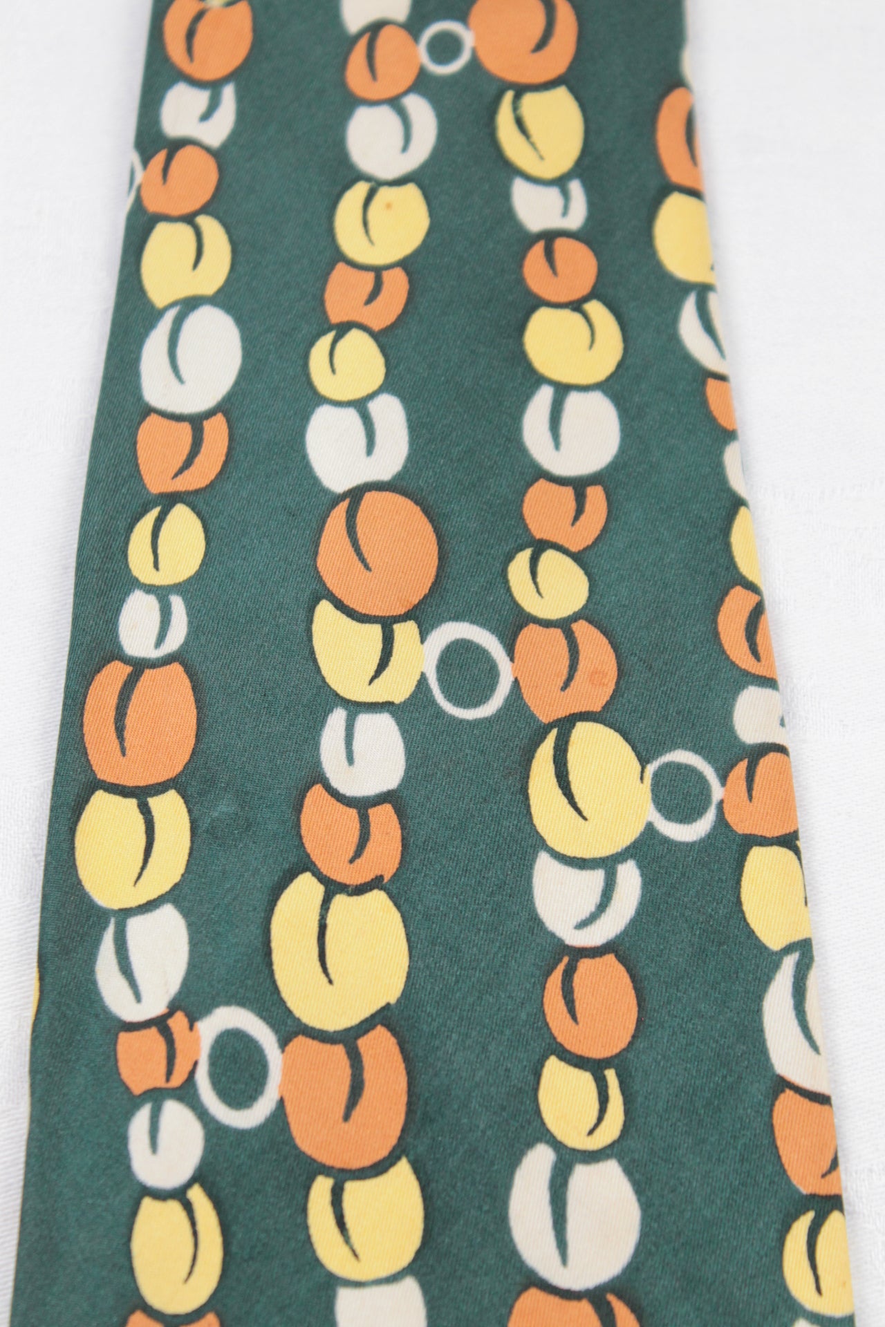 Vintage Law Inc Pure Silk Green Yellow Cream Orange Bead Pattern Swing Tie 1940s/50s