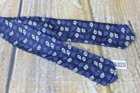 Vintage All Silk Blue Navy Pattern Self Tie Arrow End Skinny Bow Tie