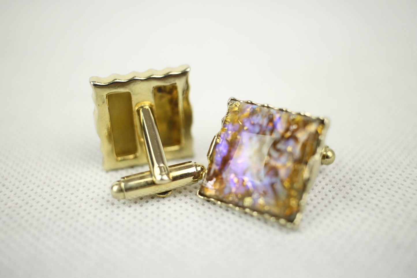 Vintage Sparkly Stone Gold Metal Push Through Cuff Links