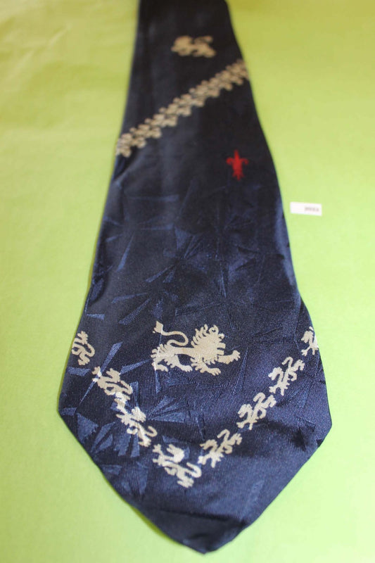 Vintage 1940s/50s All Silk Lions Fleur De Lis Jacquard Navy Red Grey Tie