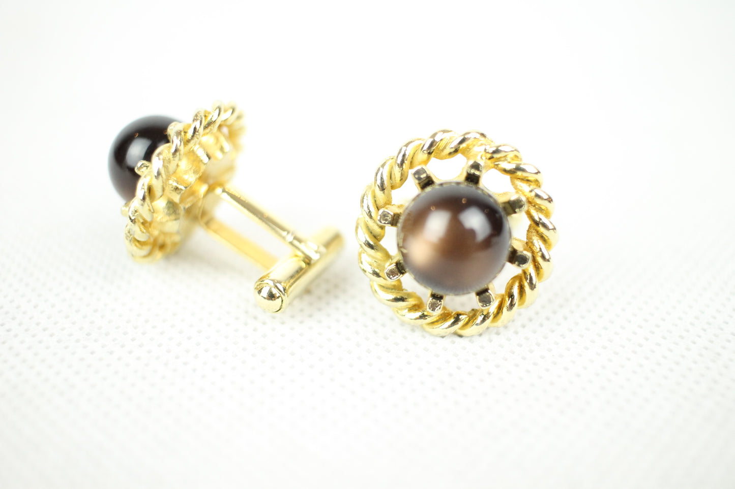 Vintage Gold Metal Rope Mount Smokey Lucite Ball Cuff Links