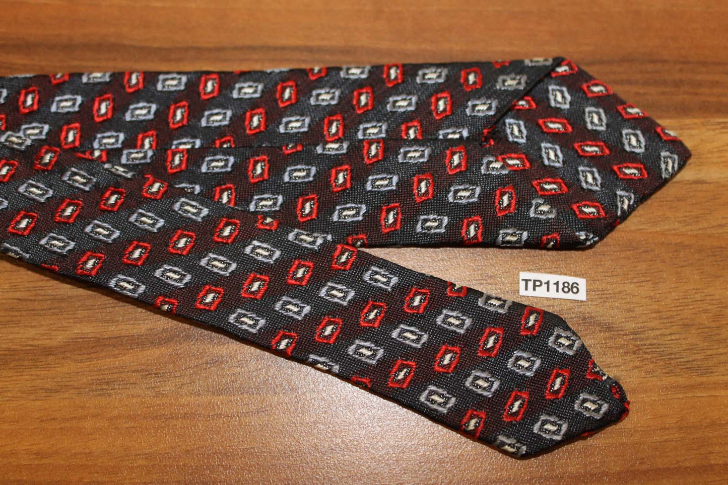 Vintage navy red grey jacquard pattern skinny tie