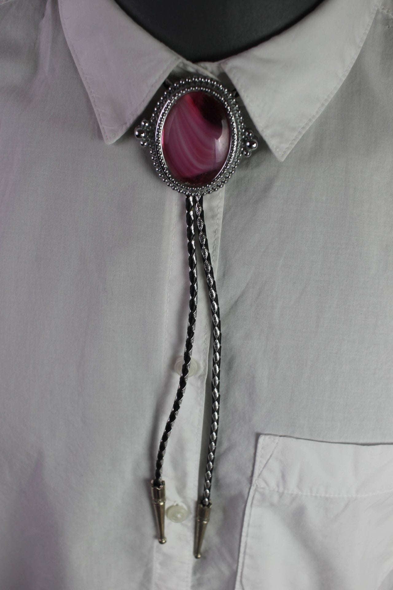 Vintage Giant Pink Oval Cabochon Set in Silver Metal Mount Bolo Western Tie