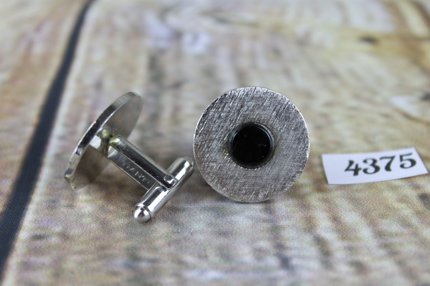 Vintage large round brushed steel black stone centre cuff links