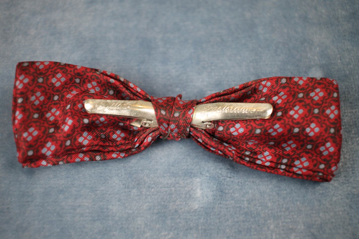 Vintage pre-tied clip on cream burgundy white square pattern bow tie