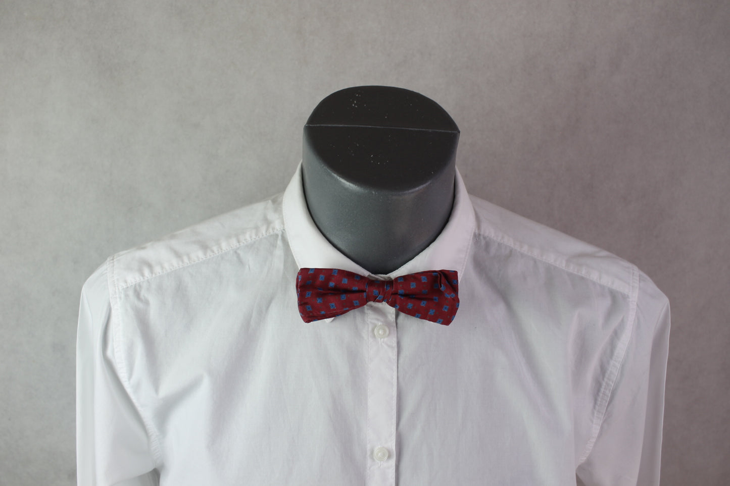 Vintage pre-tied clip on dark red blue squares pattern bow tie