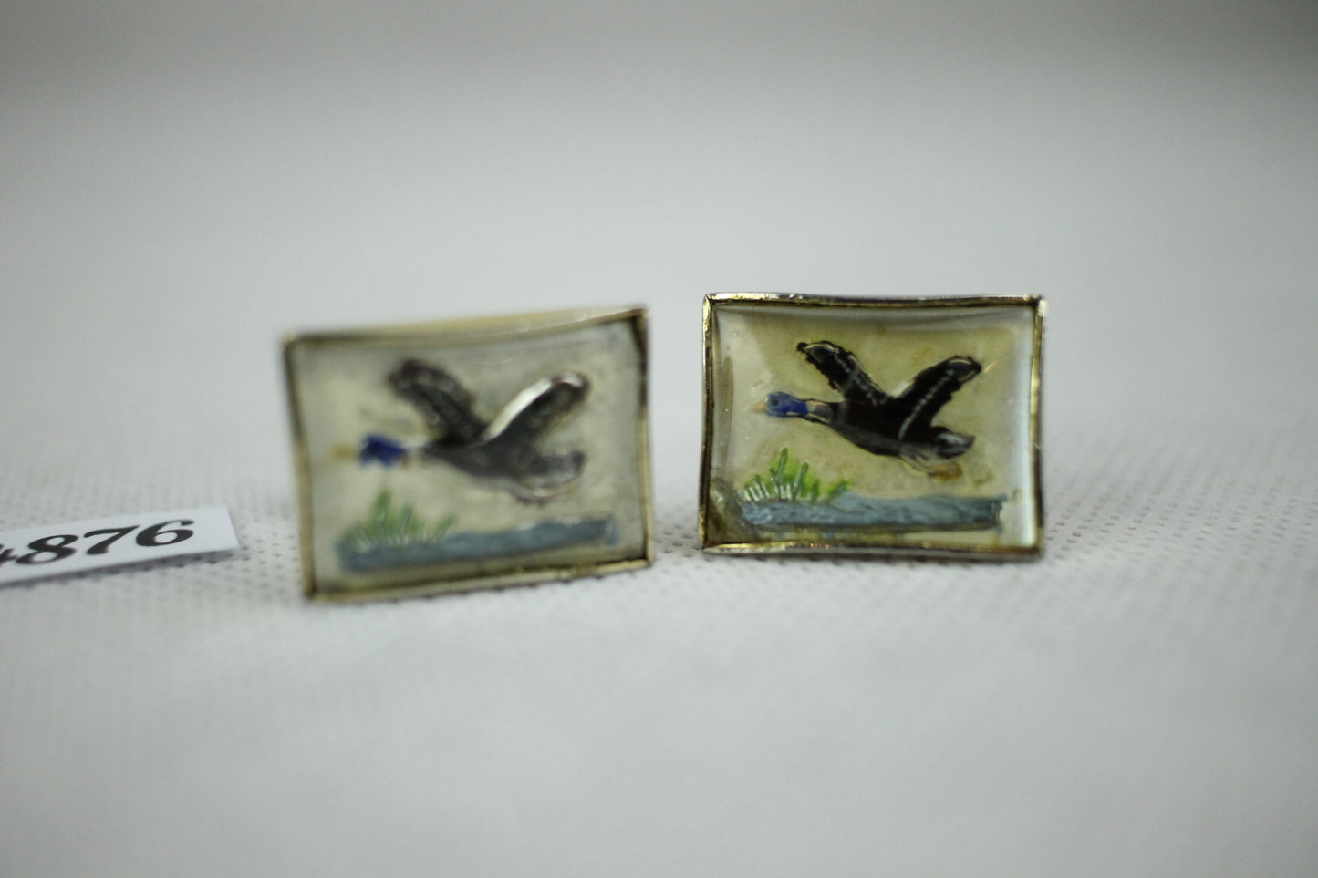 Vintage French Duck Enamel And Glass Gold Metal Push Through Cuff Links