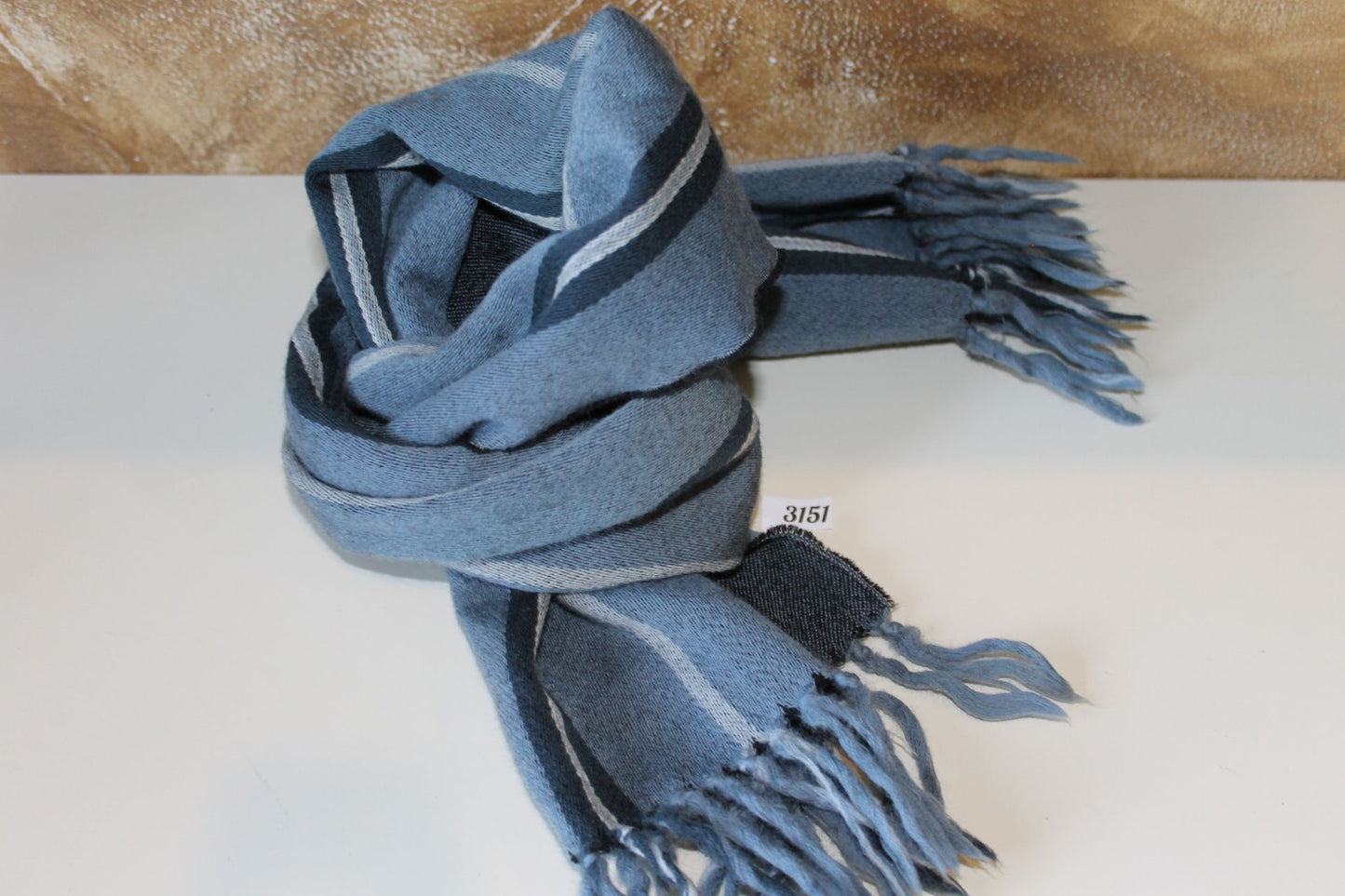 Vintage Airforce Blue Grey Striped Fringed Scarf