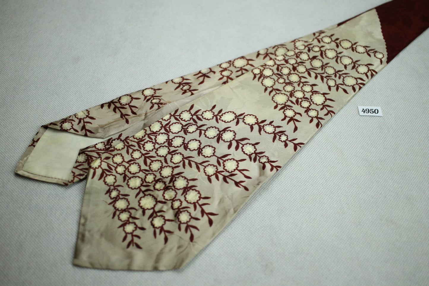 Vintage Burgundy Taupe Blossom Print Jacquard Vintage Swing Tie 1940s/50s