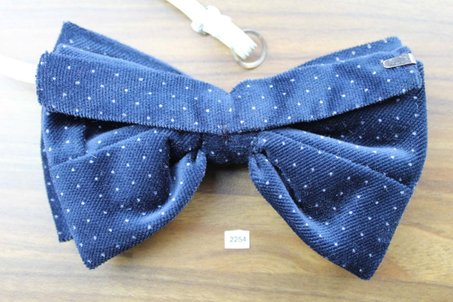 Vintage 1970s Pre Tied Bow Tie Blue Polka Dot Velvet Adjustable