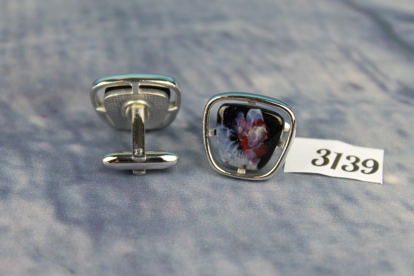 Vintage HICKOK Silver Metal Cufflinks Colourful Red Blue Black Stone