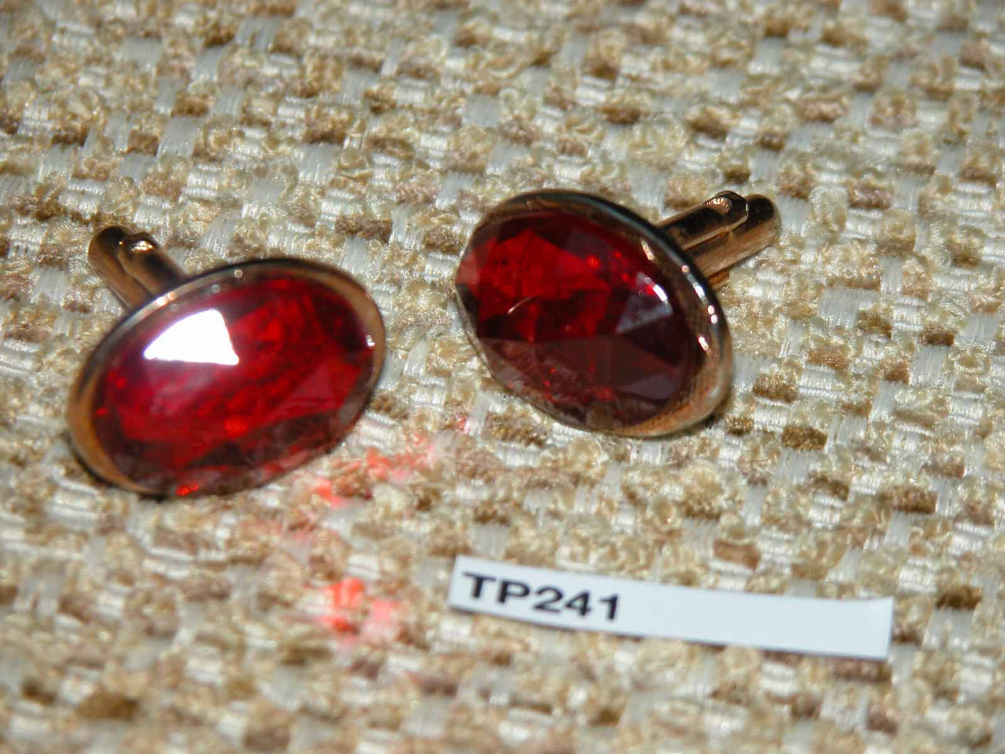 Vintage Cuff Links Gold Metal Large Oval Faceted Glass Stones