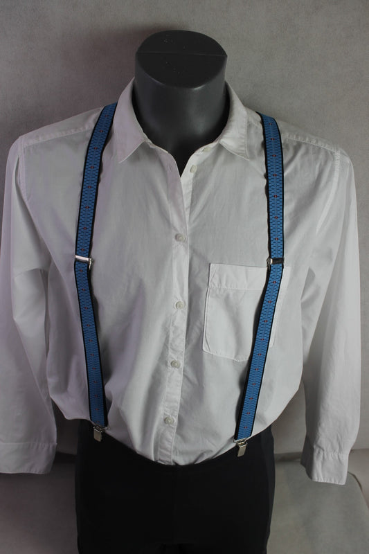 Vintage bright blue red pattern elasticated braces silver metal clips adjustable