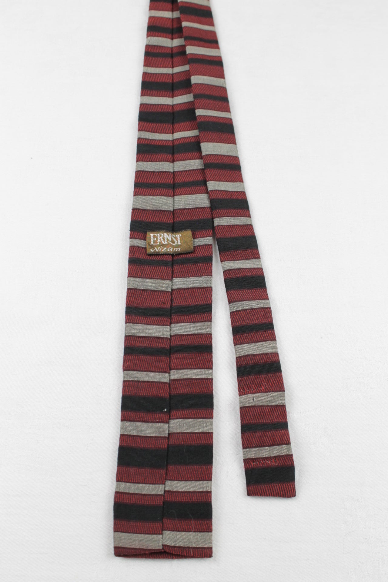 Vintage Ernst Wizam Red Black Grey Striped Square End Skinny Tie 1940s/1950s