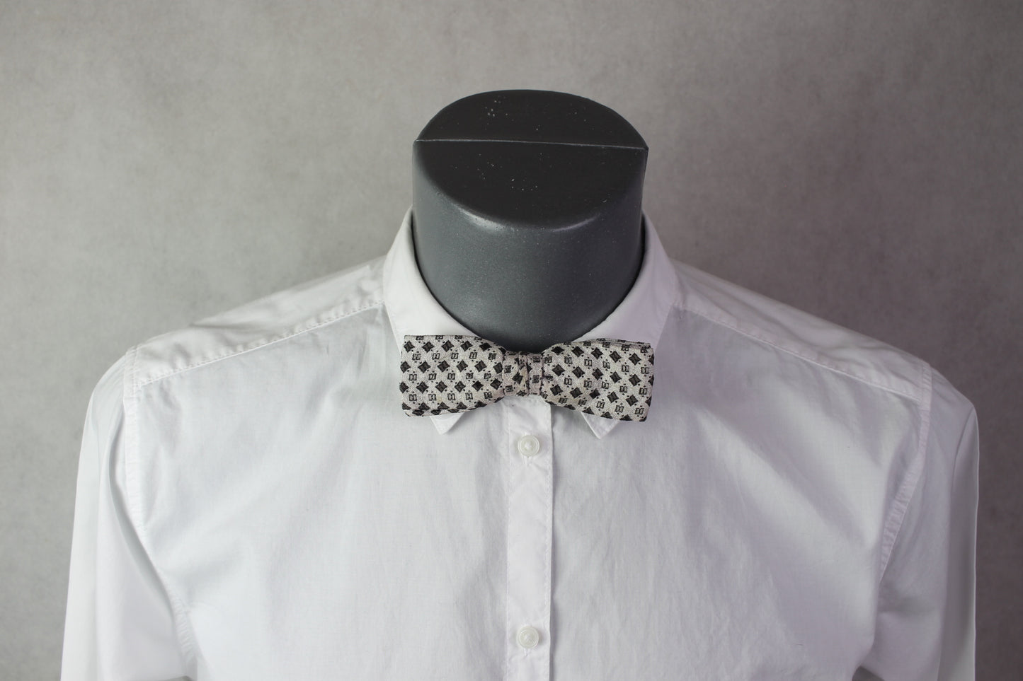 Vintage pre-tied clip on silver brown squares pattern bow tie