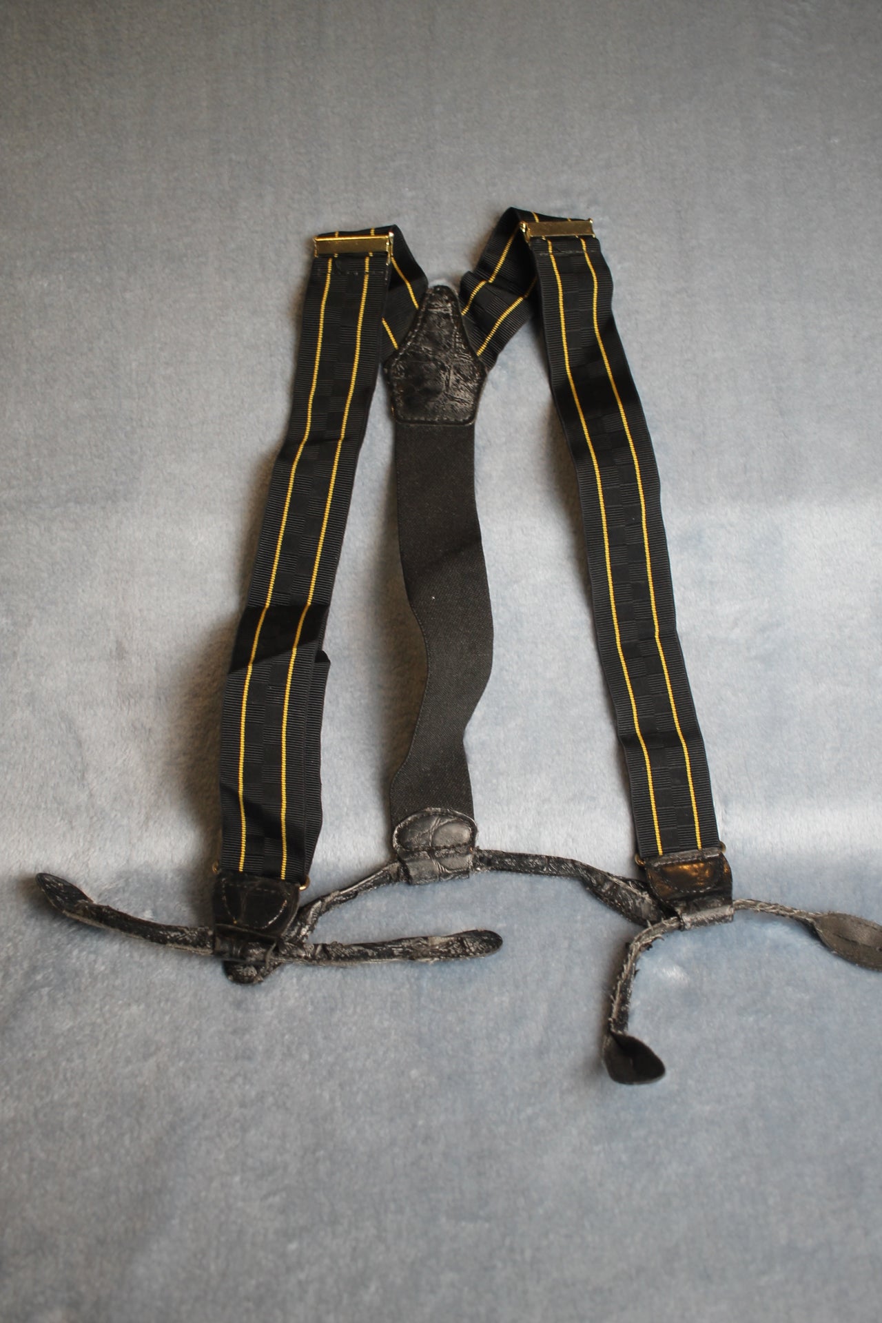 Vintage retro leather thong button on elasticated dark blue gold stripe braces adjustable 80s Wall Street