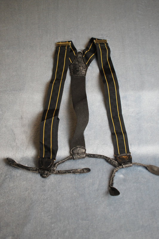 Vintage retro leather thong button on elasticated dark blue gold stripe braces adjustable 80s Wall Street