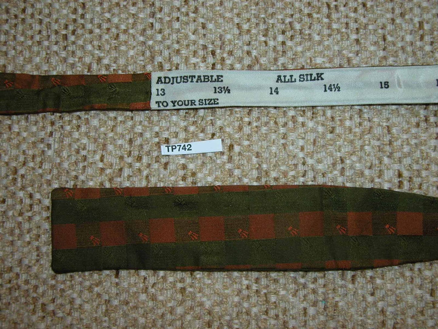 Vintage 100% Silk Self Tie Square End Bow Tie Olive Terracotta Adjustable