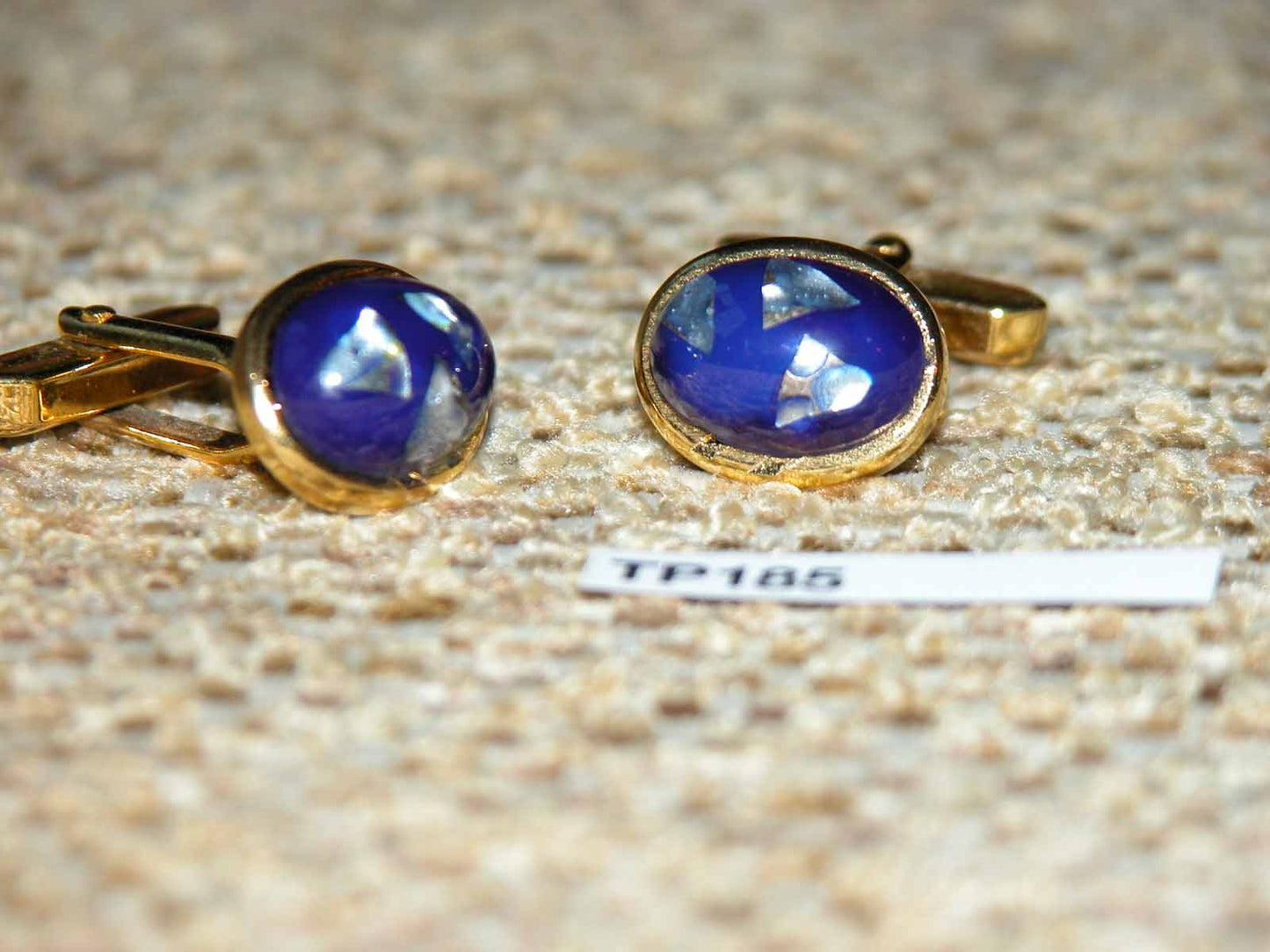 Vintage gold metal blue and pearl oval art glass stones cuff links