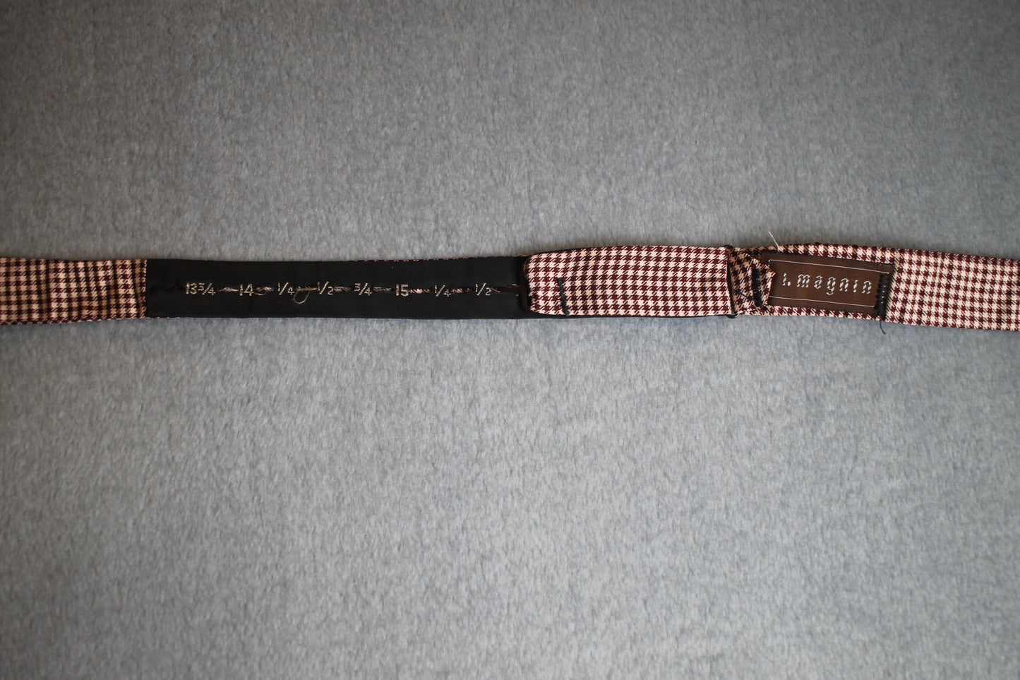 Vintage I Magnin self tie thistle end light pink dark red check pattern bow tie adjustable