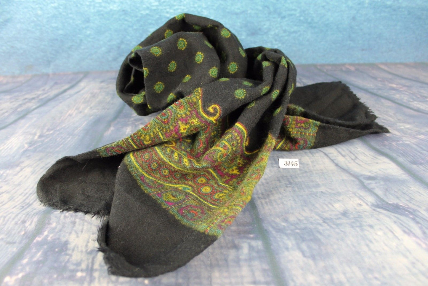 Vintage Hand Blocked Print Pure Wool Black Green Gold Scarf