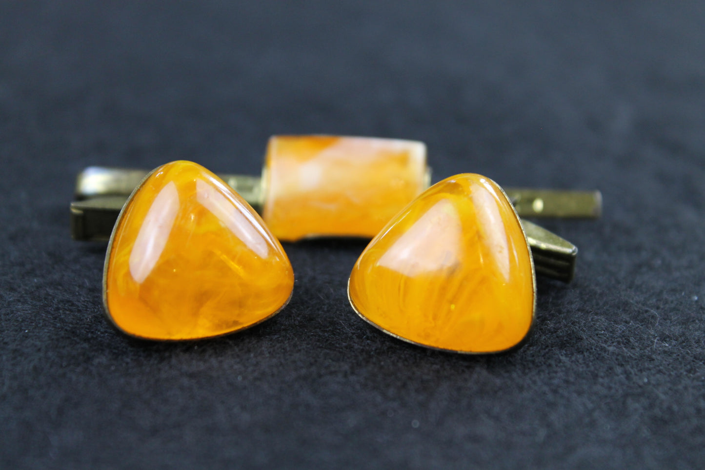 Vintage Amber Lucite Stone Cufflinks and Tie Clip Set