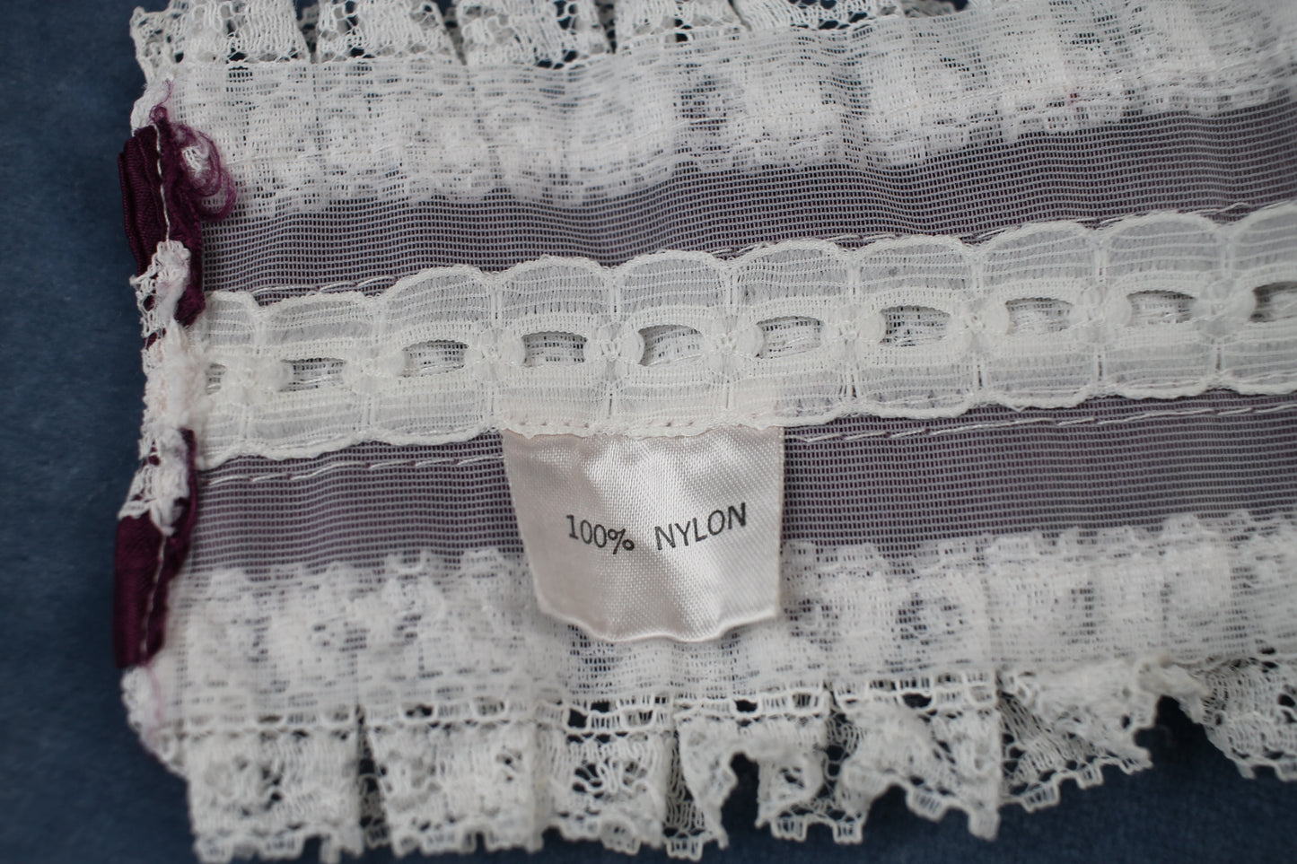 Vintage 1970s 100% Nylon dark purple white button on shirt frill ruffle