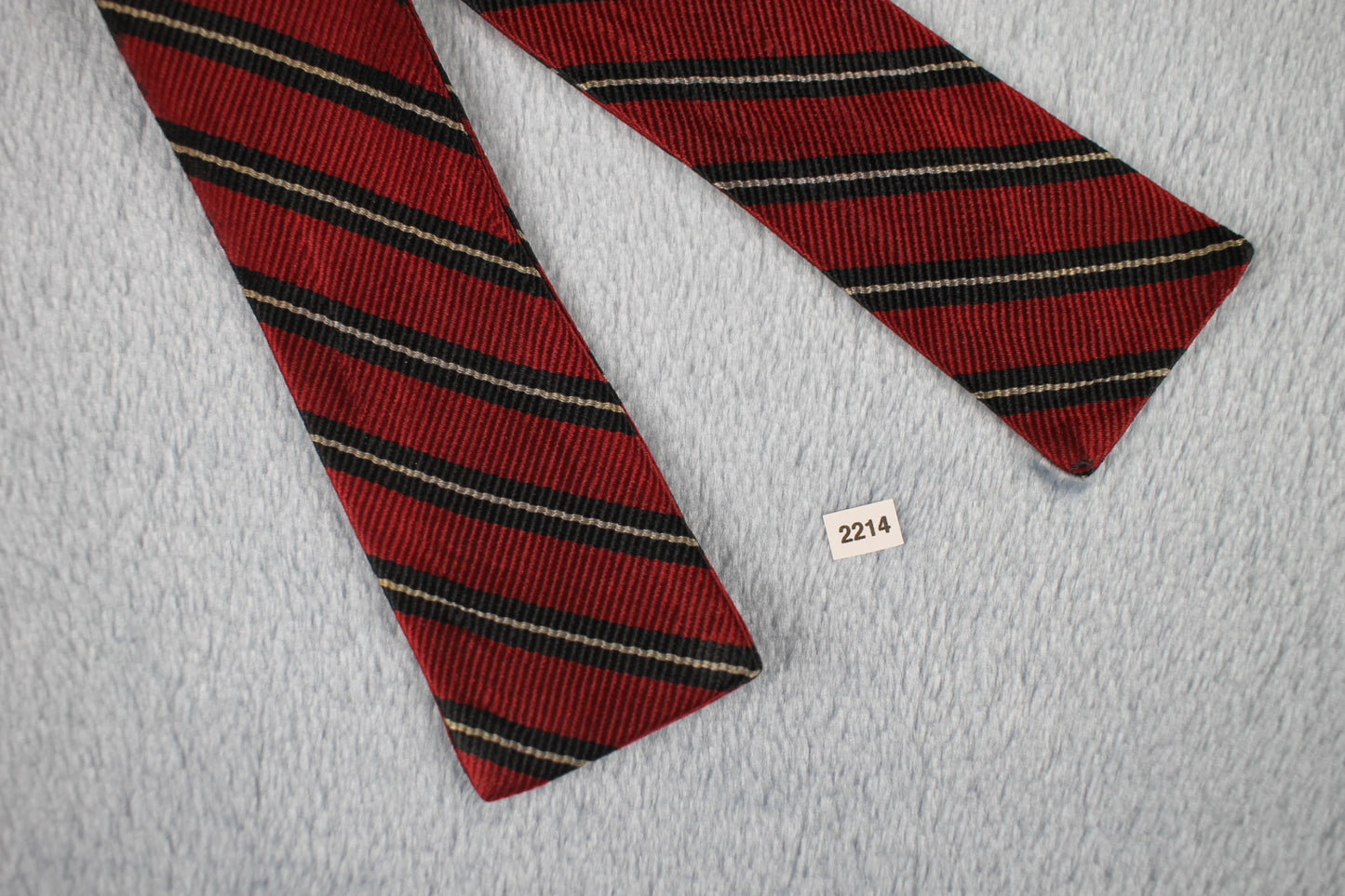 Vintage self tie paddle end all silk dark red black white striped pattern bow tie adjustable