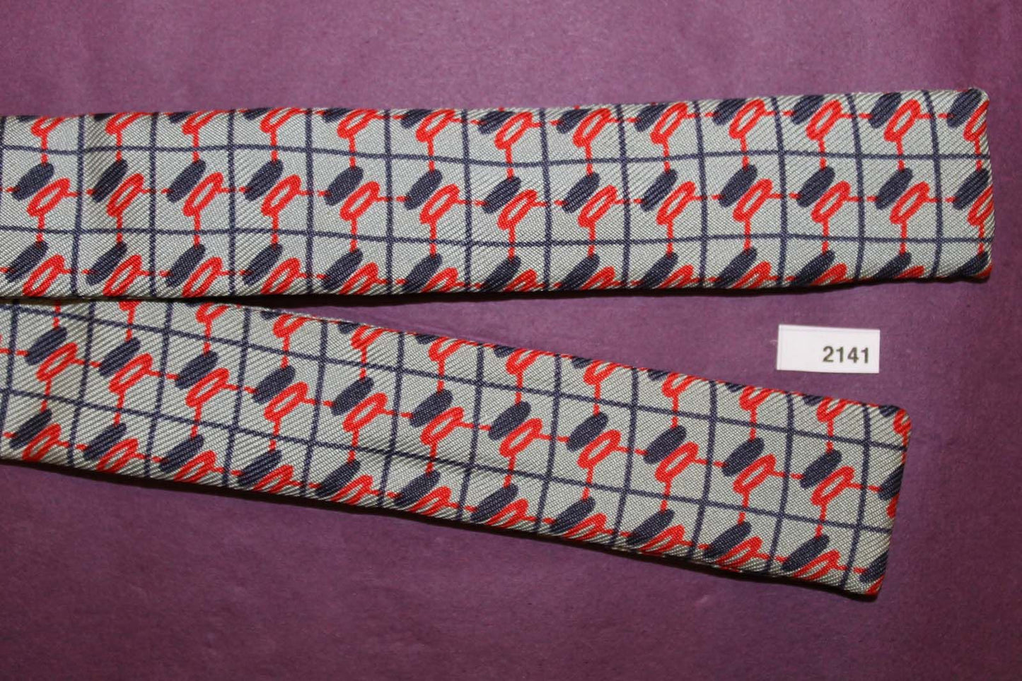 Vintage All Silk Self Tie Bow Tie Straight End Skinny Red Grey Black Repeat Pattern Adjustable