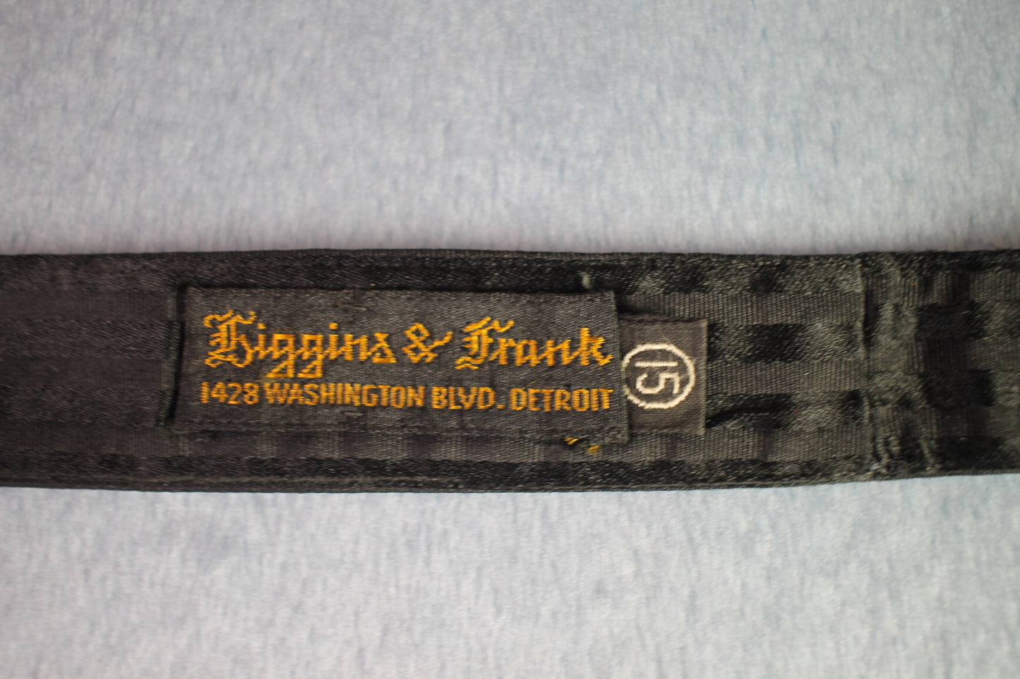 Vintage Higgins & Frank self tie thistle end black striped pattern bow tie