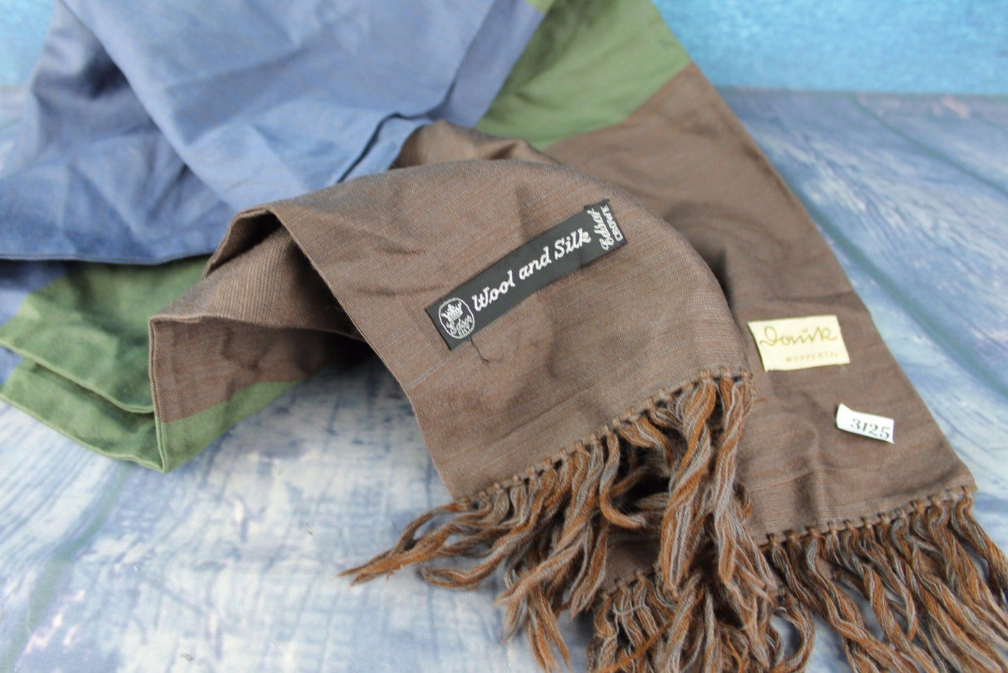 Vintage Edsor Crown Wool & Silk Blue Brown Green Striped Large Scarf
