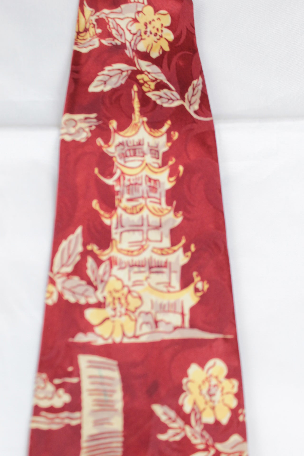 Vintage 1960s Haband Oriental Pagoda Crimson Ruby Red Swing Tie