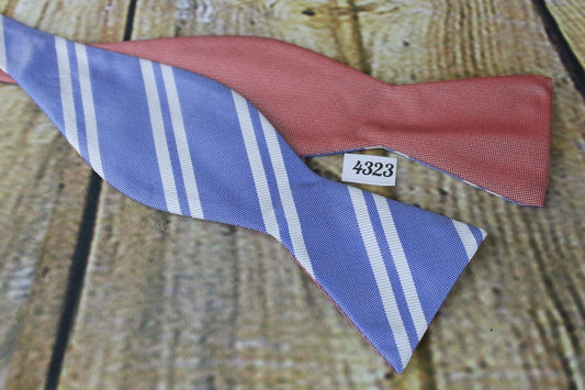Saddlebred All Silk Self Tie Bow Tie Straight End Thistle Double Sided Reversible Red Blue Stripes