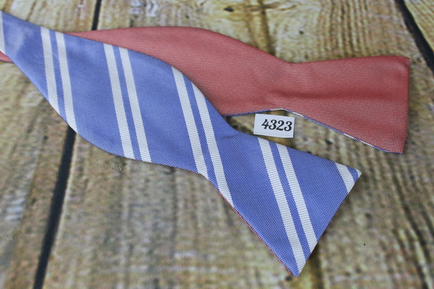 Saddlebred All Silk Self Tie Bow Tie Straight End Thistle Double Sided Reversible Red Blue Stripes