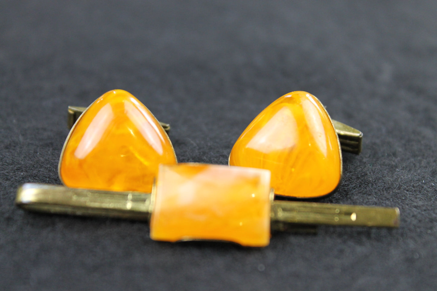 Vintage Amber Lucite Stone Cufflinks and Tie Clip Set