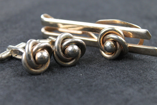Vintage Knot and Ball Cufflinks and Tie Clip Set