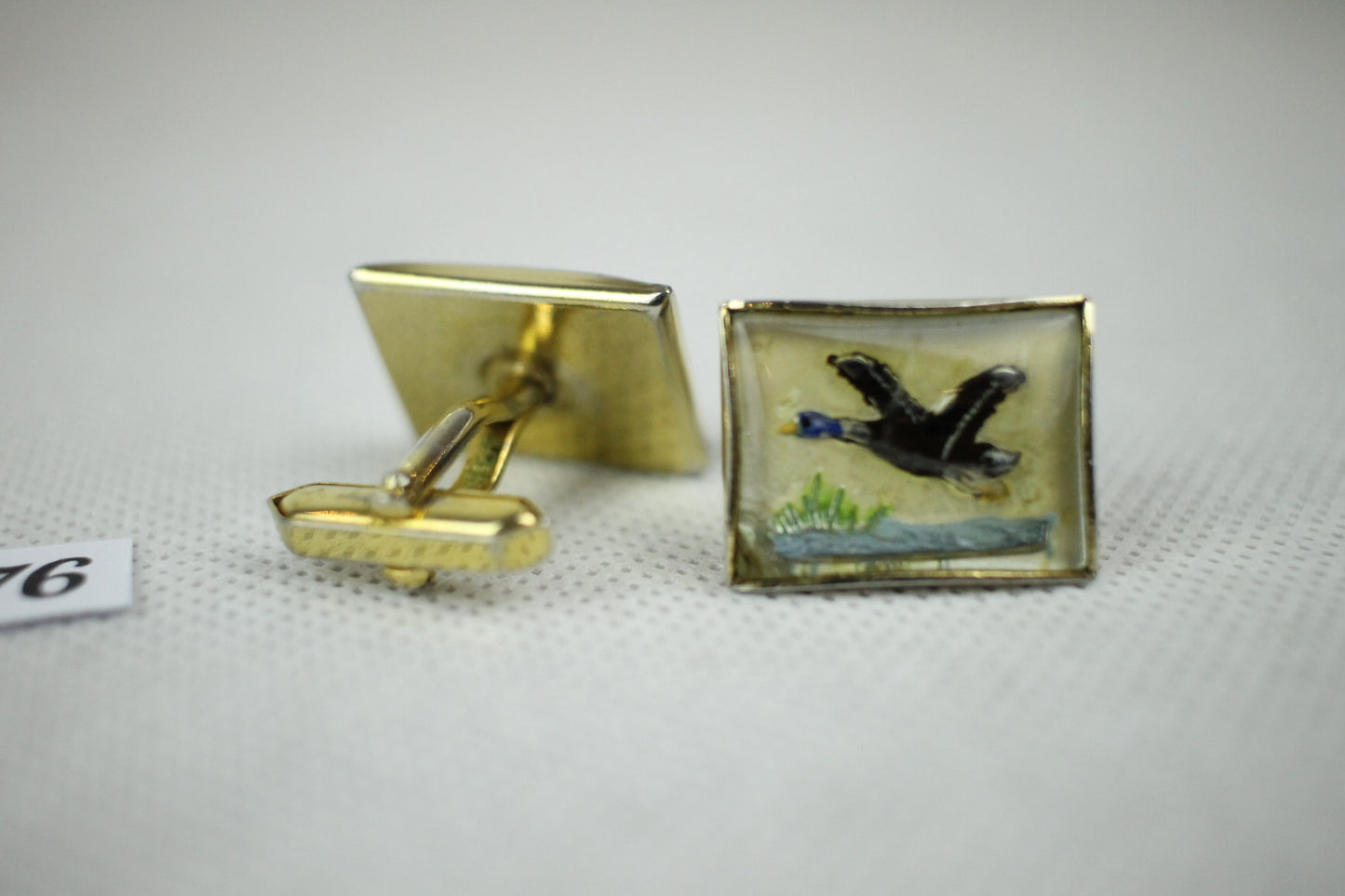 Vintage French Duck Enamel And Glass Gold Metal Push Through Cuff Links