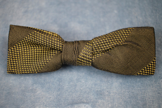 Vintage pre-tied clip on 2 layer black gold pattern bow tie