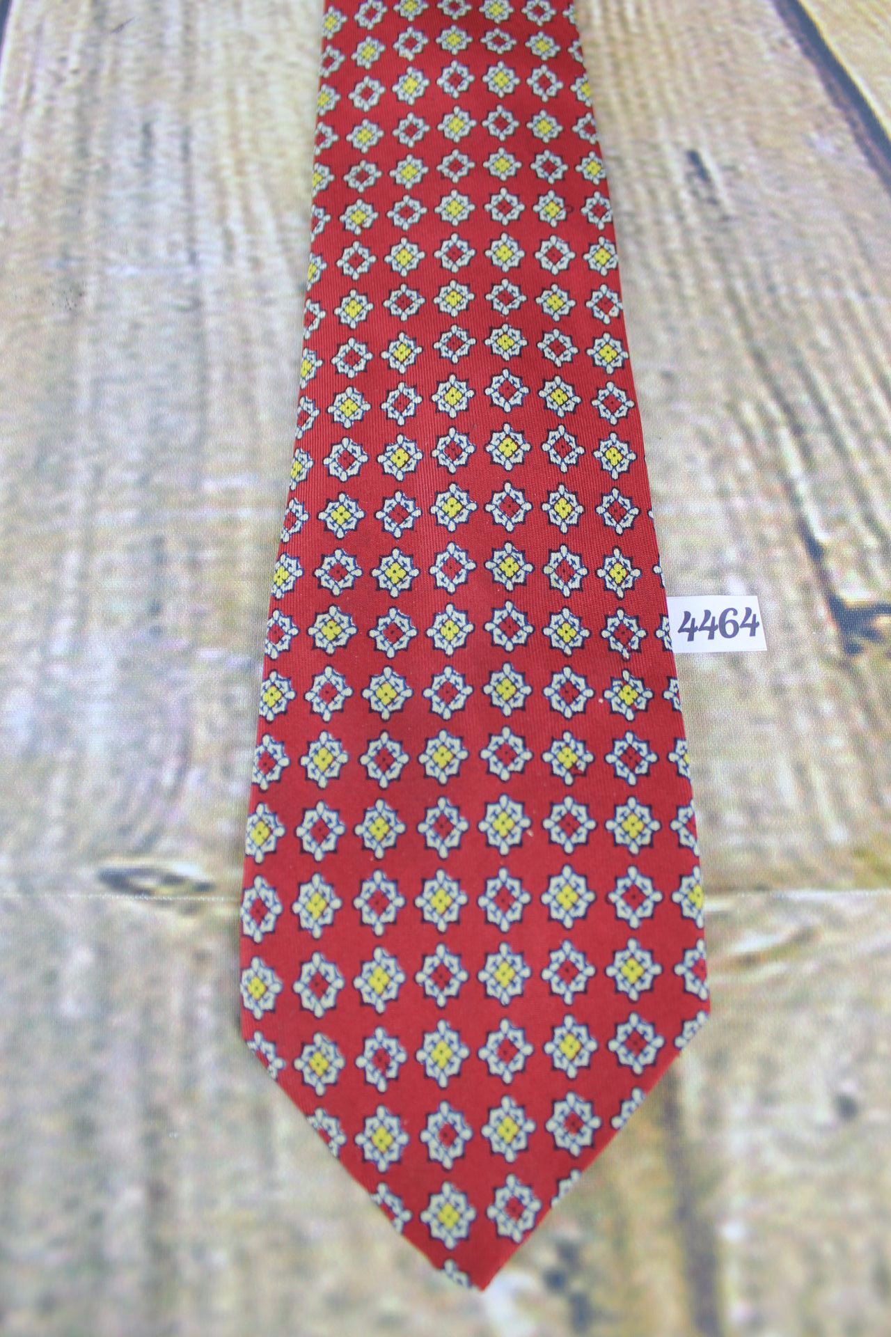 Vintage Deauville Deluxe All Silk 1950s Red Gold Repeat Pattern Swing Tie