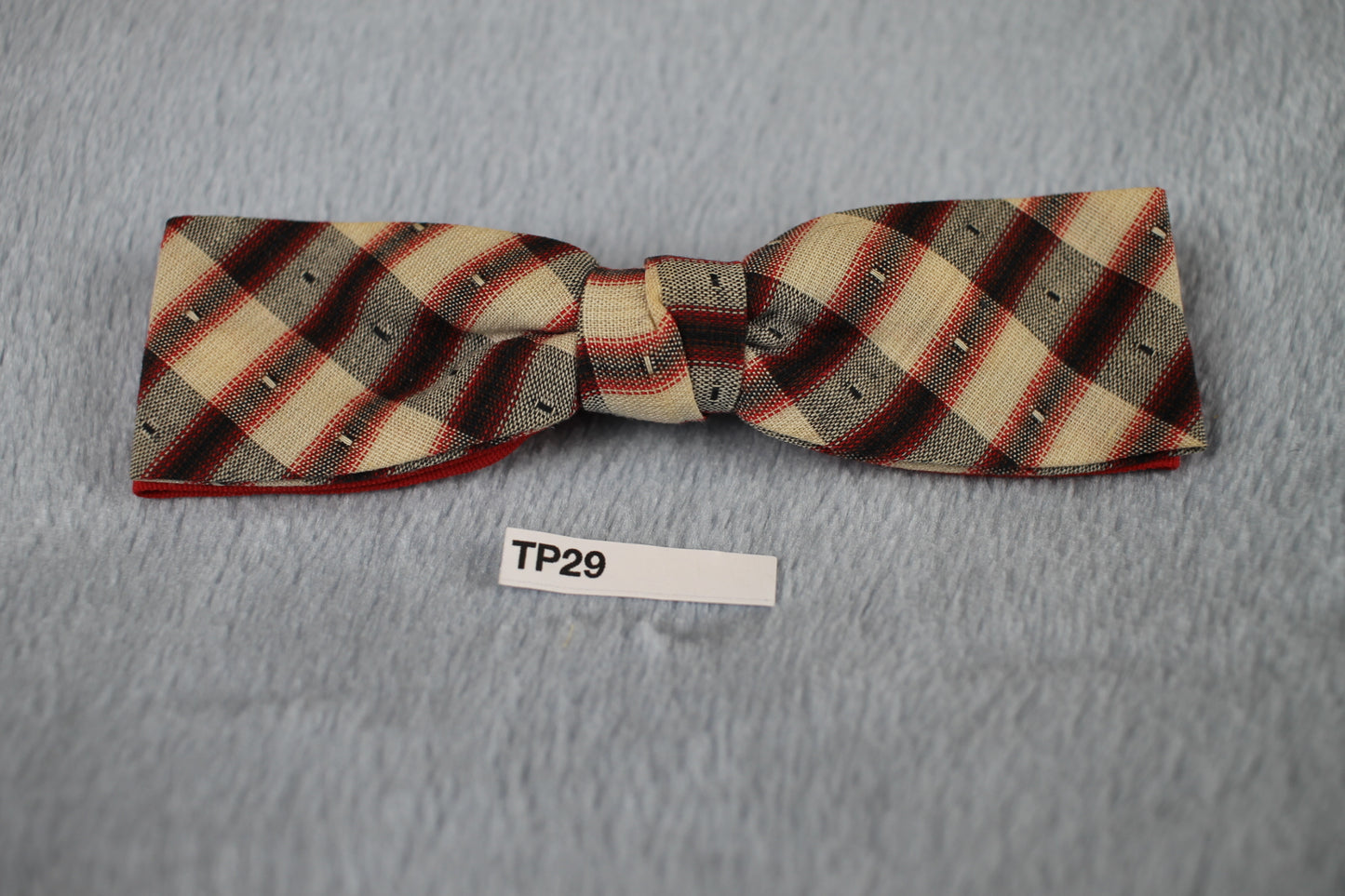 Vintage grey red cream striped pattern clip on bow tie