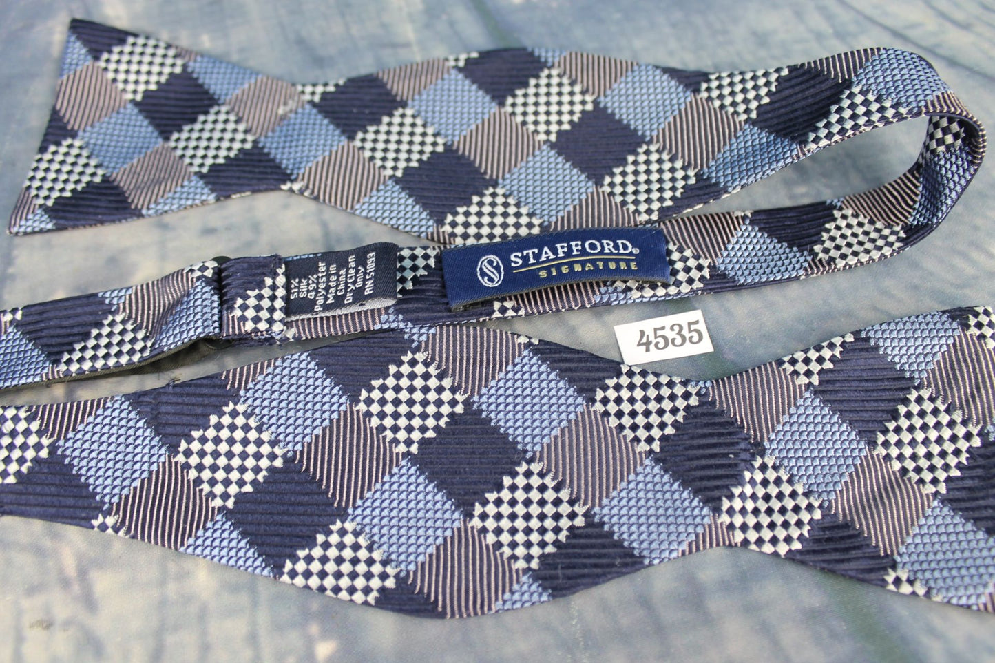 Superb Stafford Squares Pattern Navy Grey Blue Self Tie Square End Thistle Bow Tie