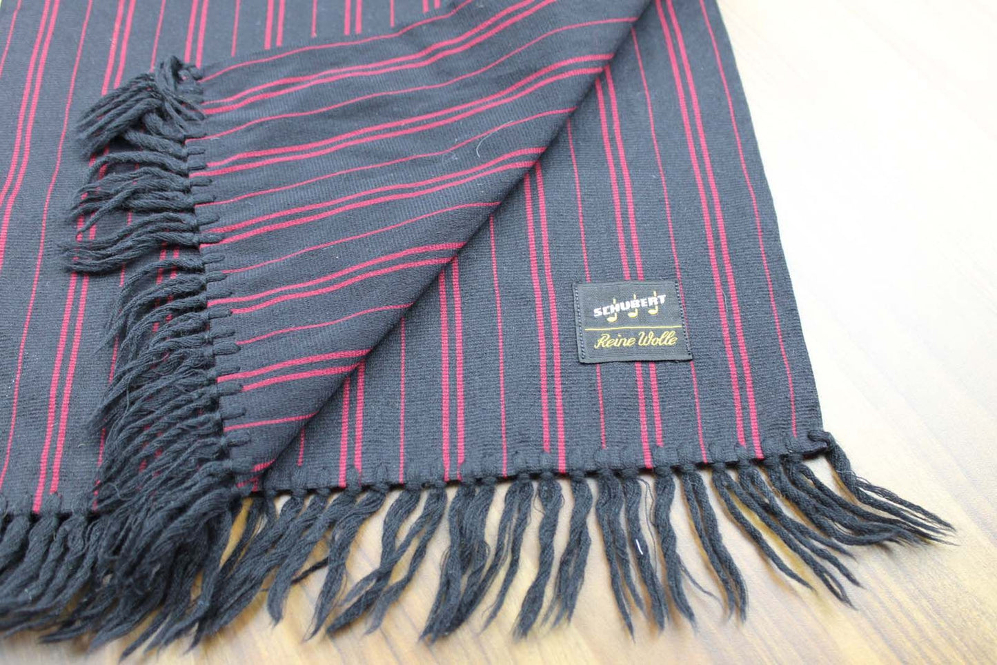 Vintage mens Shubert 100% Wool Burgundy Black Striped Fringed Scarf Retro Mod