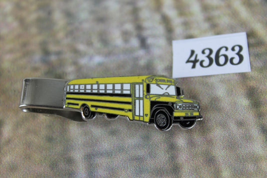 Vintage silver metal enamel large yellow american school bus tie clip