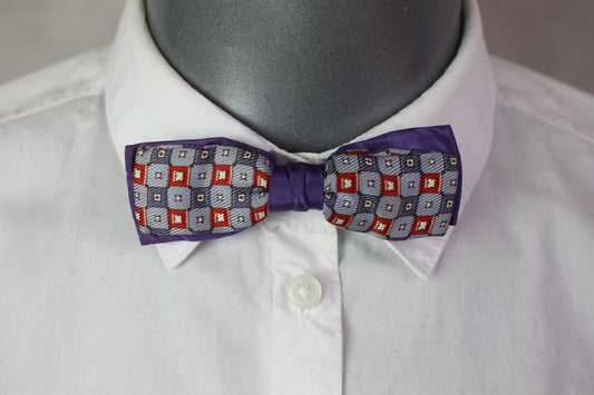 Vintage pre-tied clip on blue red on purple background pattern bow tie