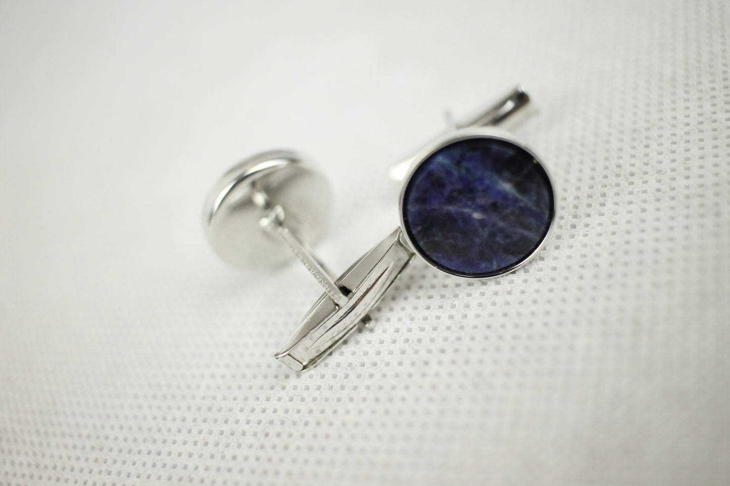 Vintage Blue Marble Silver Metal Push Through Cuff Links