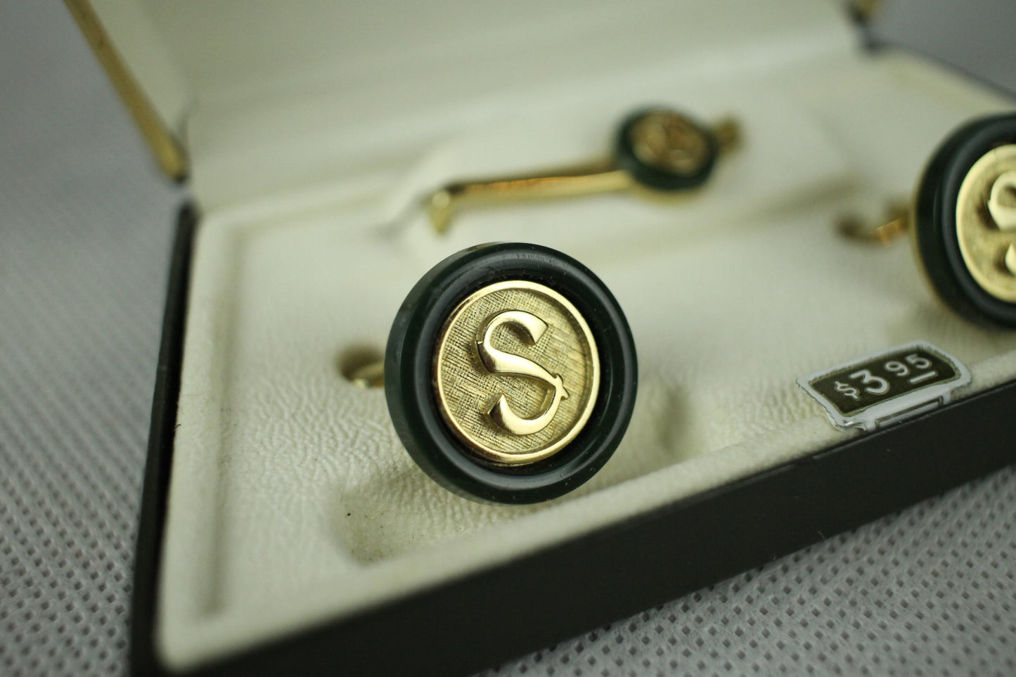 Vintage Swank Dynasty Initial S Jade & Gold Cufflink Set
