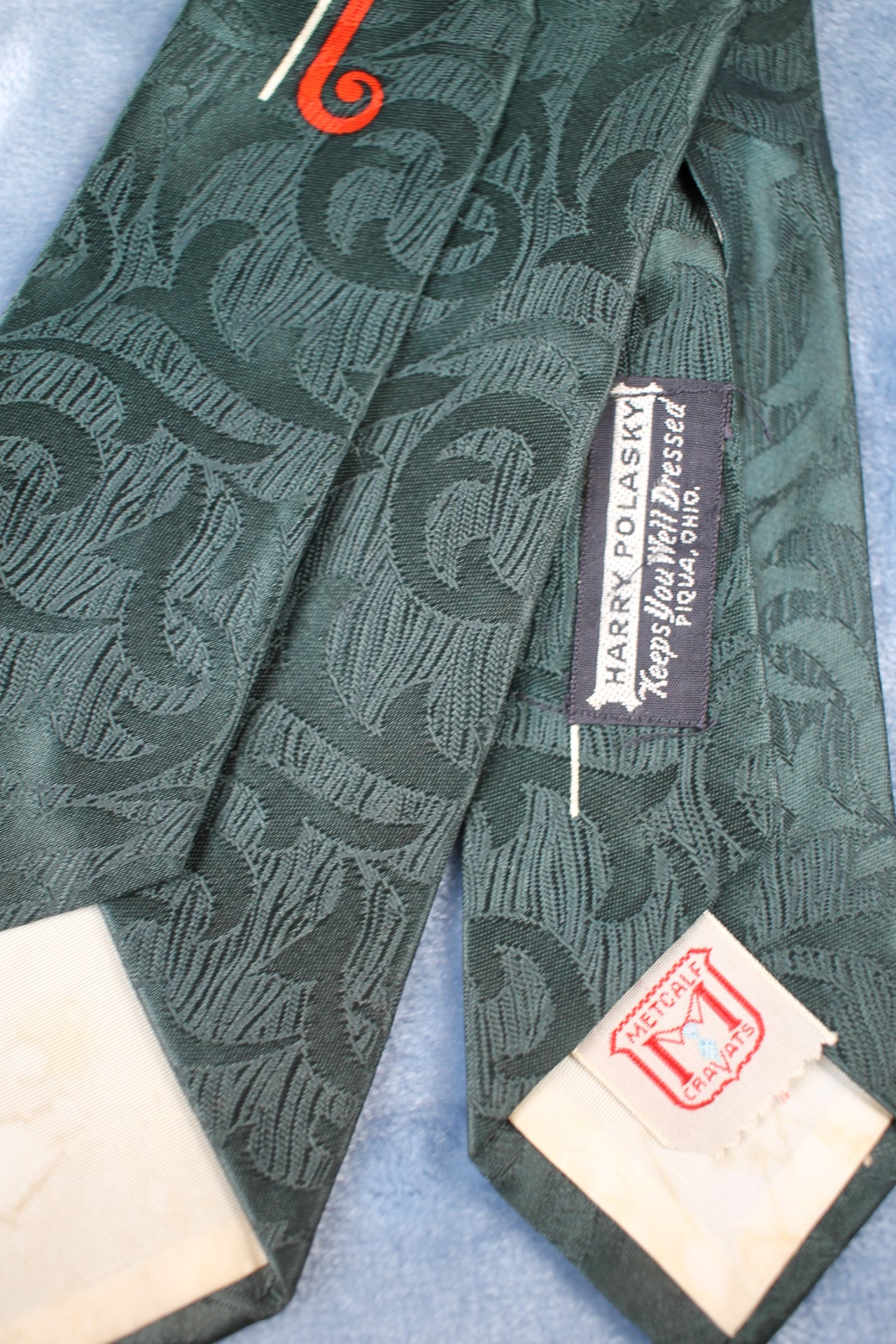 Vintage Metcalf Harry Polasky 1940s/50s dark green red white pattern swing tie