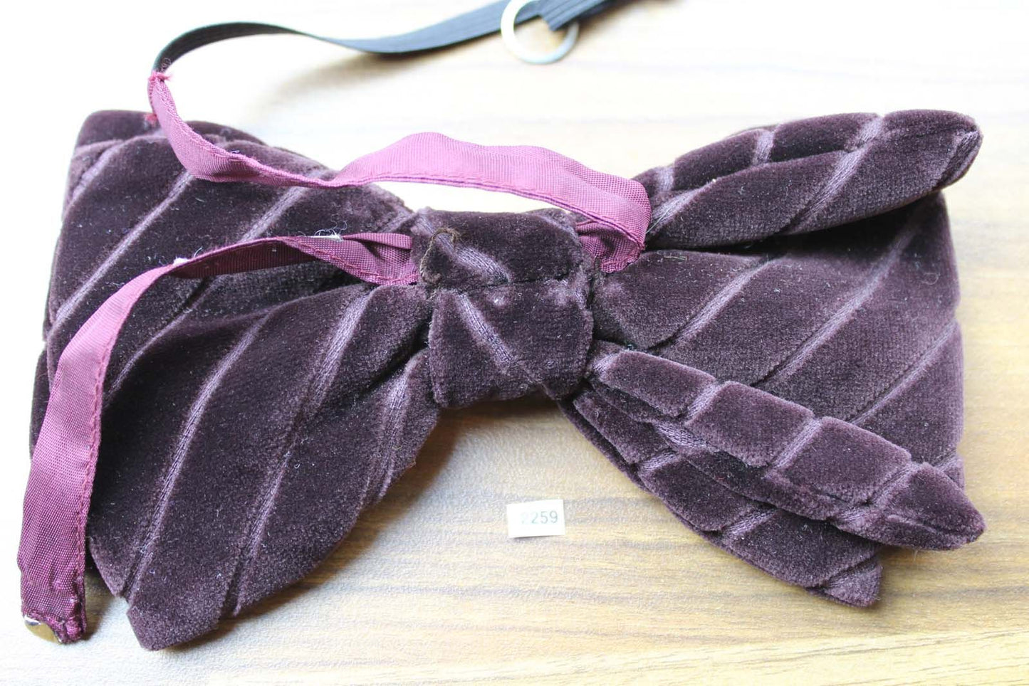 Vintage 1970s Pre Tied Bow Tie Burgundy Velvet Carved Diagonal Stripe