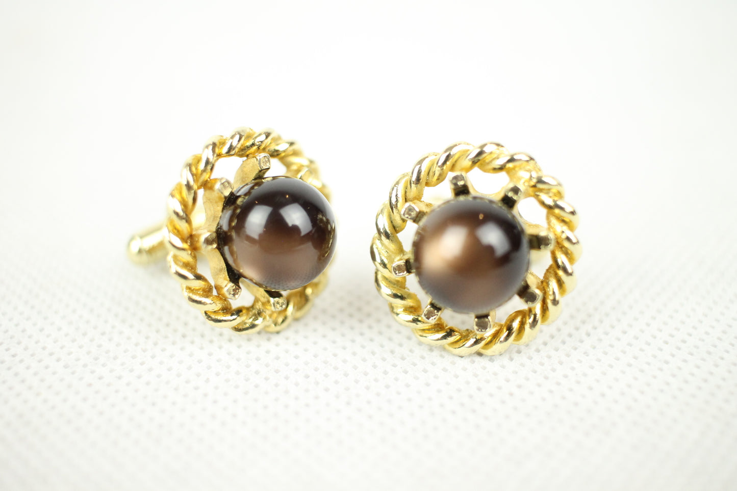 Vintage Gold Metal Rope Mount Smokey Lucite Ball Cuff Links